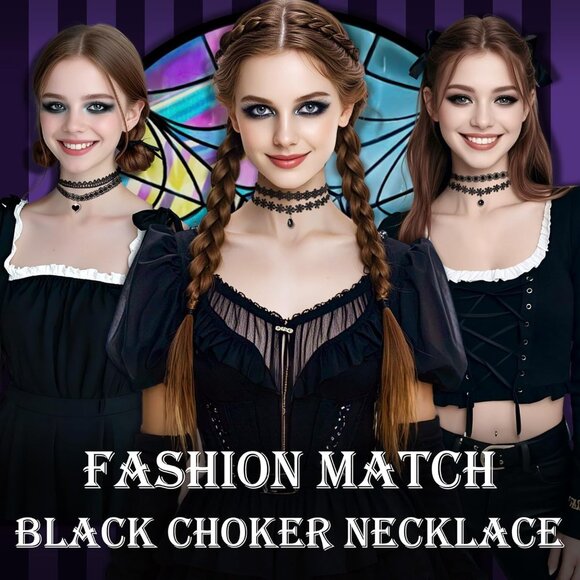Elegant Gothic Choker Set: 6 Unique Styles in Velvet, Lace & Pendant Designs - Picture 4 of 7